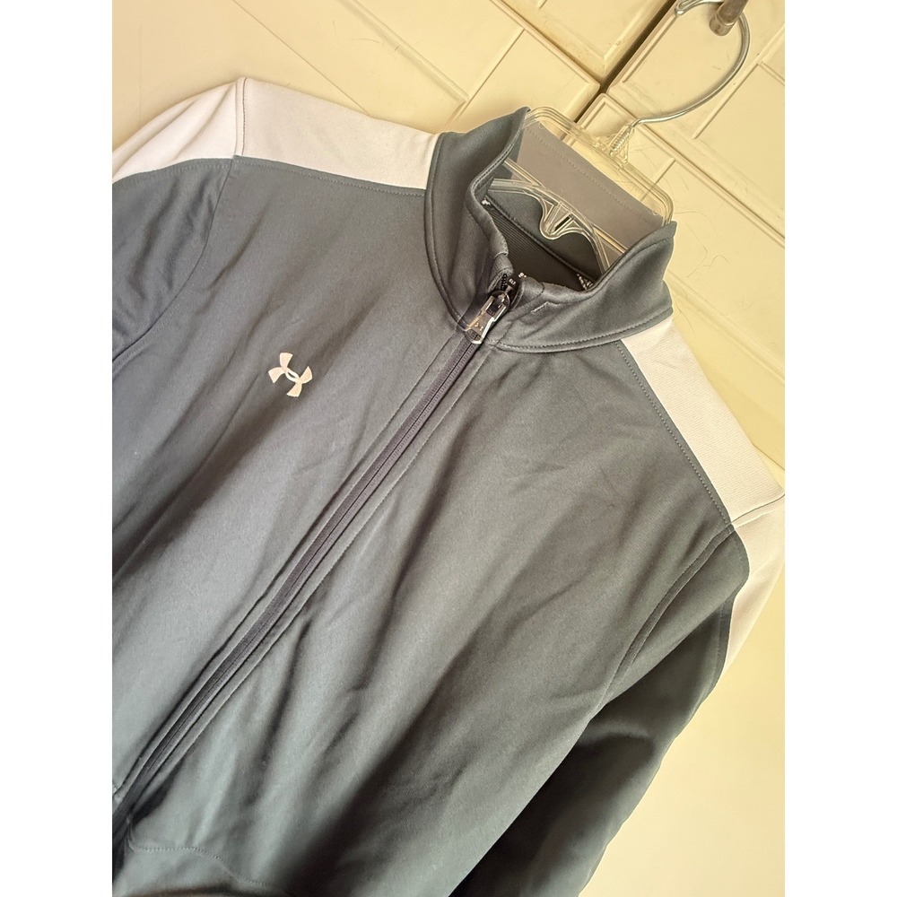 Under Armour Mens Track Jacket Grey White Full Zip Mock Neck Loose Fit‎ Small